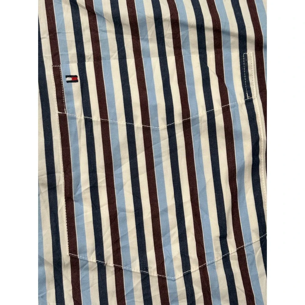 Tommy Hilfiger Men‎ XL Striped Button Down Shirt Blue Burgundy 80s 2-Ply Cotton